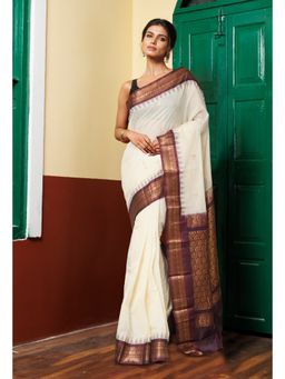 Unnati Silks - Off White Dark Brown Pure Handloom Gadwal Cotton Saree without Blouse