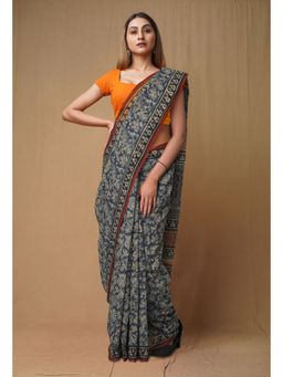 Unnati Silks - Blue Pure Discharge Bagru Printed Kota Saree with Unstitched Blouse