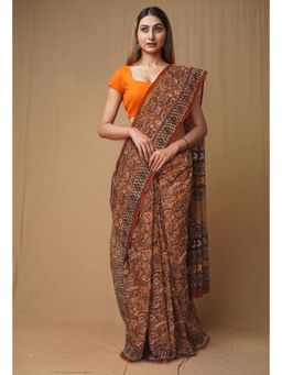Unnati Silks - Brown Pure Discharge Bagru Printed Kota Saree with Unstitched Blouse