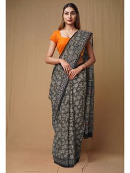 Unnati Silks - Olive Green Pure Discharge Bagru Printed Kota Saree with Unstitched Blouse