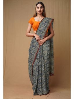 Unnati Silks - Blue Pure Discharge Bagru Printed Kota Saree with Unstitched Blouse