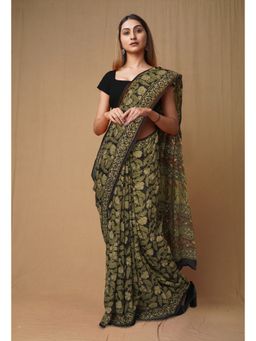 Unnati Silks - Black Pure Discharge Bagru Printed Kota Saree with Unstitched Blouse