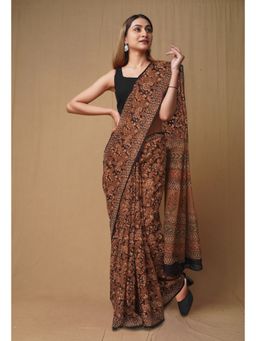 Unnati Silks - Black Pure Discharge Bagru Printed Kota Saree with Unstitched Blouse