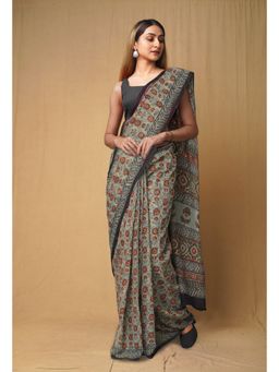 Unnati Silks - Blue Pure Discharge Bagru Printed Kota Saree with Unstitched Blouse