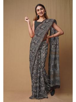 Unnati Silks - Dark Brown Pure Discharge Bagru Printed Kota Saree with Unstitched Blouse