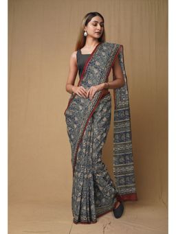 Unnati Silks - Blue Pure Discharge Bagru Printed Kota Saree with Unstitched Blouse