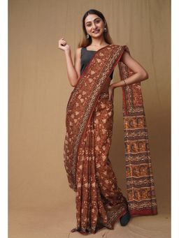 Unnati Silks - Brown Pure Discharge Bagru Printed Kota Saree with Unstitched Blouse