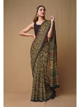Unnati Silks - Black Pure Discharge Bagru Printed Kota Saree with Unstitched Blouse