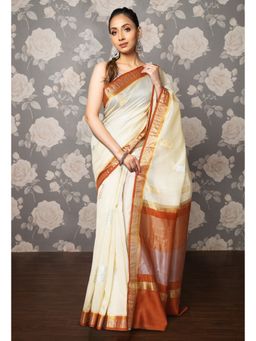 Unnati Silks - Off White Pure Handloom Chanderi Uppada Sico Saree with Unstitched Blouse