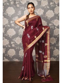 Unnati Silks - Dark Maroon Pure Handloom Chanderi Uppada Sico Saree with Unstitched Blouse