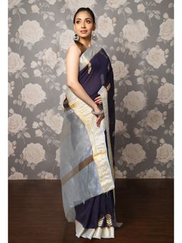 Unnati Silks - Navy Blue Pure Handloom Chanderi Uppada Sico Saree with Unstitched Blouse