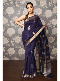 Unnati Silks - Navy Blue Pure Handloom Chanderi Uppada Sico Saree with Unstitched Blouse