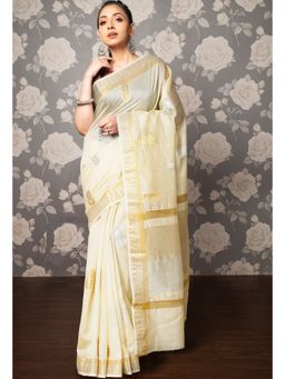 Unnati Silks - Off White Pure Handloom Chanderi Uppada Sico Saree with Unstitched Blouse