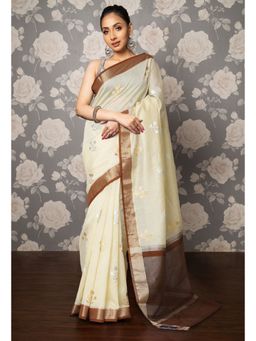 Unnati Silks - Beige Pure Handloom Chanderi Uppada Sico Saree with Unstitched Blouse