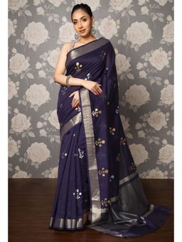Unnati Silks - Navy Blue Pure Handloom Chanderi Uppada Sico Saree with Unstitched Blouse