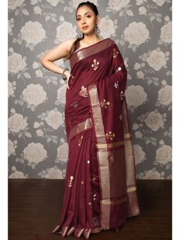 Unnati Silks - Dark Maroon Pure Handloom Chanderi Uppada Sico Saree with Unstitched Blouse