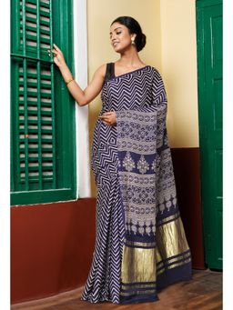 Unnati Silks - Navy Blue Pure Ajrakh Printed Gaji Soft Silk Saree with Unstitched Blouse