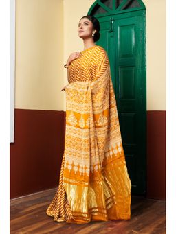 Unnati Silks - Mustard Yellow Pure Ajrakh Printed Gaji Soft Silk Saree with Unstitched Blouse