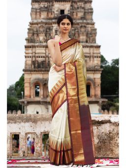 Unnati Silks - Cream Dark Brown Pure Handloom Assam Sico Saree with Unstitched Blouse