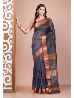 Unnati Silks - Navy Blue Red Pure Handloom Maheshwari Sico Saree with Unstitched Blouse