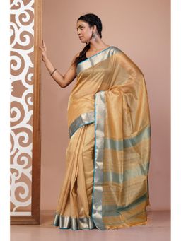 Unnati Silks - Beige Blue Pure Handloom Maheshwari Sico Saree with Unstitched Blouse