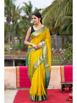 Unnati Silks - Yellow Turquoise Blue Pure Handloom Maheshwari Sico Saree with Unstitched Blouse