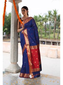 Unnati Silks - Navy Blue Pink Pure Handloom Maheshwari Sico Saree with Unstitched Blouse