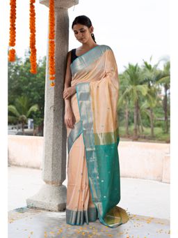 Unnati Silks - Cream Turquoise Blue Pure Handloom Maheshwari Sico Saree with Unstitched Blouse