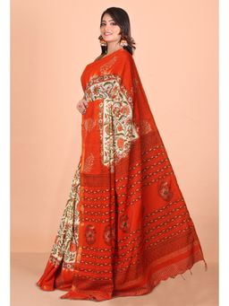 Unnati Silks - White Orange Pure Gold Embossed Printed Pashmina Sico Saree with Unstitched Blouse