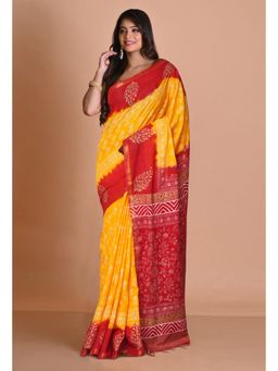 Unnati Silks - Yellow Red Pure Gold Embossed Printed Pashmina Sico Saree with Unstitched Blouse