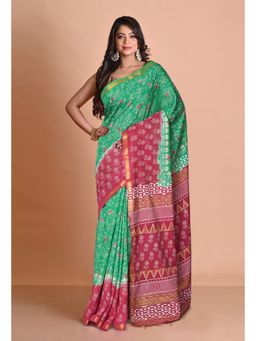 Unnati Silks - Green Pink Pure Gold Embossed Printed Pashmina Sico Saree with Unstitched Blouse