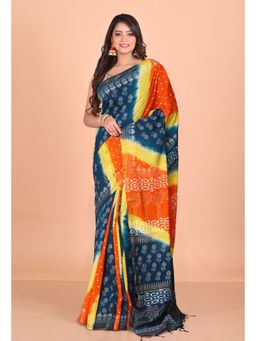 Unnati Silks - Teal Orange Pure Gold Embossed Printed Pashmina Sico Saree with Unstitched Blouse