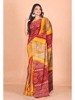 Unnati Silks - Brown Red Pure Gold Embossed Printed Pashmina Sico Saree with Unstitched Blouse