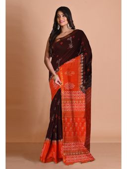 Unnati Silks - Brown Orange Pure Gold Embossed Printed Pashmina Sico Saree with Unstitched Blouse