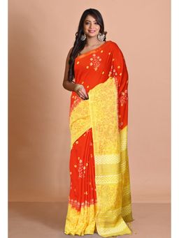 Unnati Silks - Orange Yellow Pure Gold Embossed Printed Pashmina Sico Saree with Unstitched Blouse