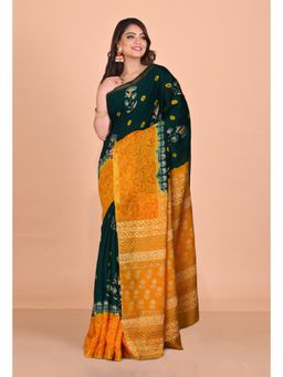Unnati Silks - Green Yellow Pure Gold Embossed Printed Pashmina Sico Saree with Unstitched Blouse