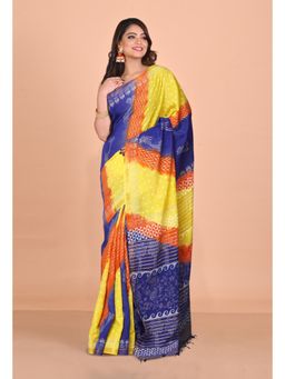 Unnati Silks - Blue Yellow Pure Gold Embossed Printed Pashmina Sico Saree with Unstitched Blouse
