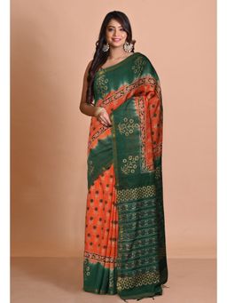 Unnati Silks - Orange Green Pure Gold Embossed Printed Pashmina Sico Saree with Unstitched Blouse