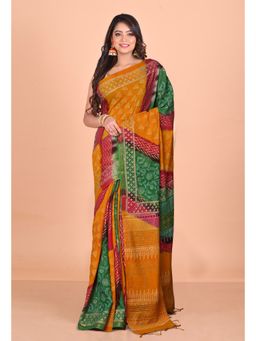 Unnati Silks - Yellow Green Pure Gold Embossed Printed Pashmina Sico Saree with Unstitched Blouse