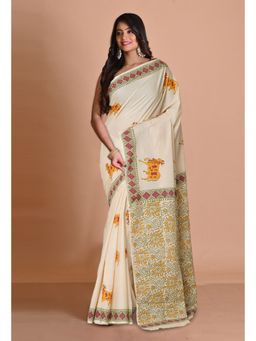 Unnati Silks - Cream Pure Pichwai Printed Soft Cotton Saree with Unstitched Blouse