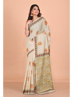 Unnati Silks - Cream Pure Pichwai Printed Soft Cotton Saree with Unstitched Blouse