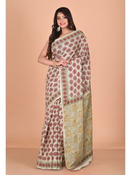 Unnati Silks - Cream Pure Pichwai Printed Soft Cotton Saree with Unstitched Blouse