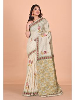 Unnati Silks - Cream Pure Pichwai Printed Soft Cotton Saree with Unstitched Blouse