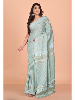 Unnati Silks - Pale Green Pure Gold Embossed Printed Soft Cotton Saree with Unstitched Blouse