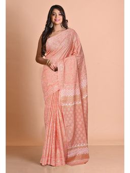 Unnati Silks - Peach Pure Gold Embossed Printed Soft Cotton Saree with Unstitched Blouse