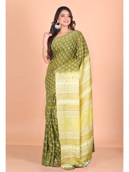 Unnati Silks - Green Yellow Pure Gold Embossed Printed Soft Cotton Saree with Unstitched Blouse