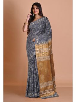 Unnati Silks - Grey Brown Pure Gold Embossed Printed Soft Cotton Saree with Unstitched Blouse