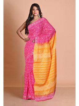 Unnati Silks - Pink Yellow Pure Gold Embossed Printed Soft Cotton Saree with Unstitched Blouse