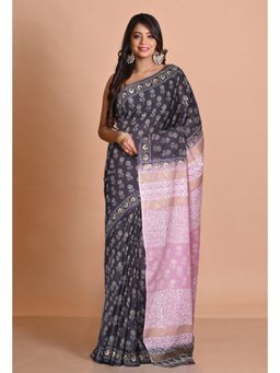 Unnati Silks - Black Pink Pure Gold Embossed Printed Soft Cotton Saree with Unstitched Blouse