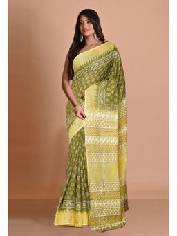 Unnati Silks - Green Yellow Pure Gold Embossed Printed Soft Cotton Saree with Unstitched Blouse